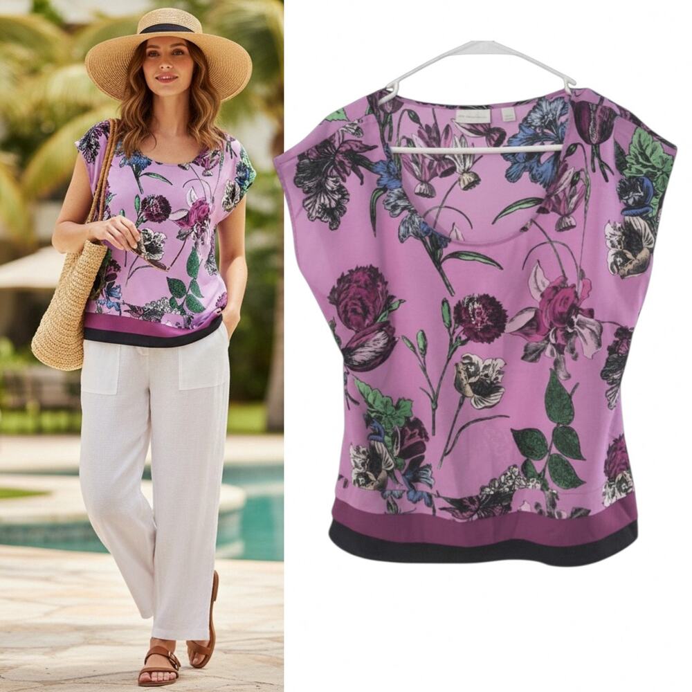 New York & Company Floral Blouse Sz L Purple Floral Crepe Contrast Layered Hem